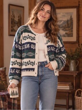 Vintage Lady Footlocker Women’s L Oversized Fair Isle Knit Cardigan Cottagecore